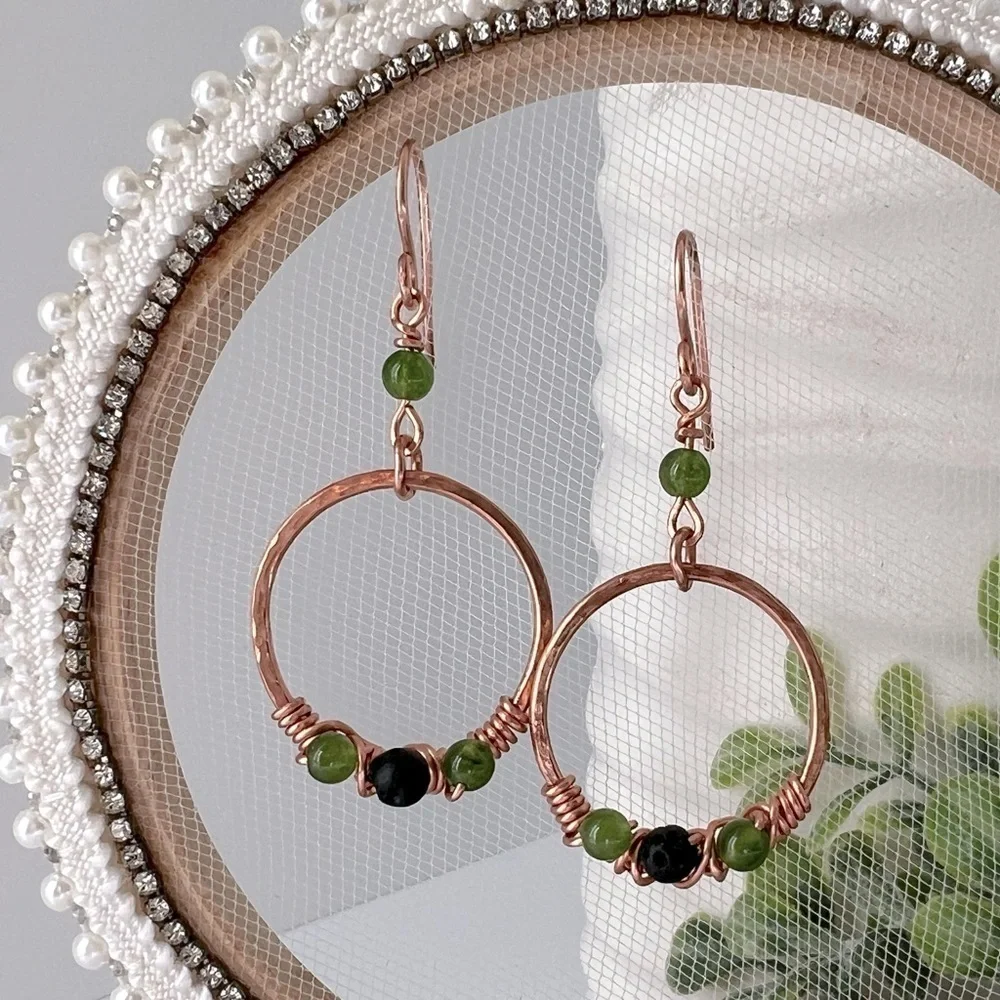Wire Wrap Copper Earrings with Green Jade & Black Lava Stone